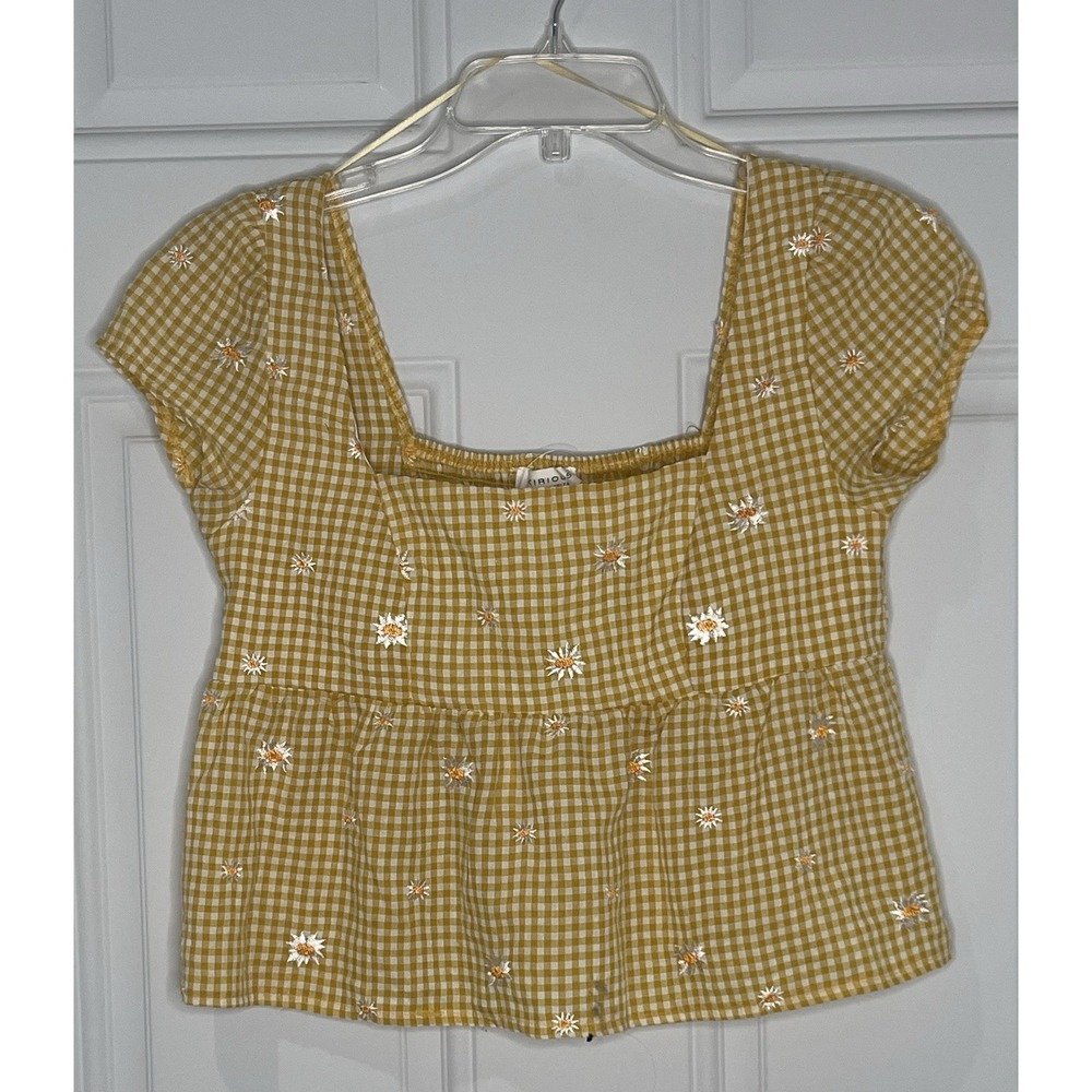 Kirious Los Angeles Women's XS Daisy Embroidered Yellow Gingham Peplum Top